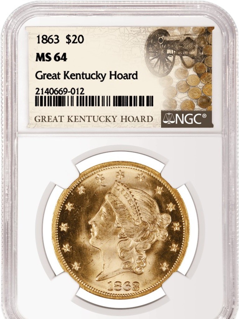 Một đồng xu vàng trị giá 20 đô la năm 1863 được tìm thấy trong kho tích trữ. Ảnh GovMint. Một đồng xu vàng trị giá 20 đô la năm 1863 được tìm thấy trong kho tích trữ. Ảnh GovMint.