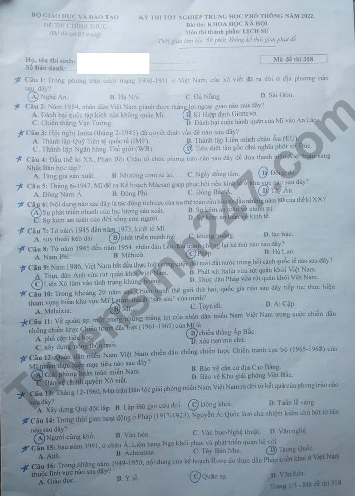 Đề thi môn Lịch sử tất cả 24 mã đề kỳ thi THPT Quốc gia 2022 - Ảnh 1 Đề thi môn Lịch sử tất cả 24 mã đề kỳ thi THPT Quốc gia 2022 - Ảnh 1