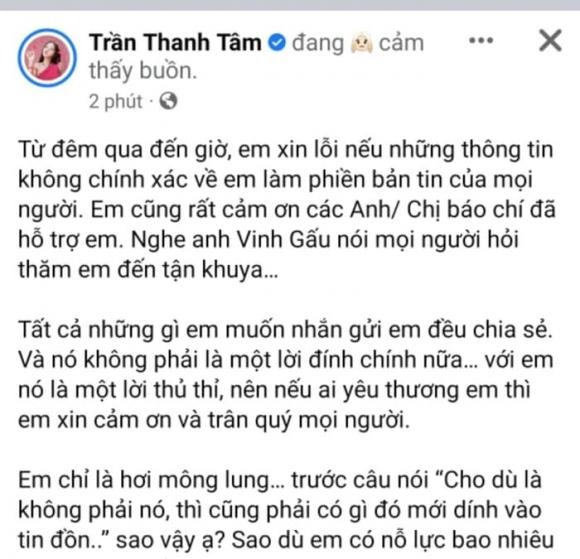 Chia sẻ của Thanh Tâm mới đây. Ảnh: FBNV Chia sẻ của Thanh Tâm mới đây. Ảnh: FBNV