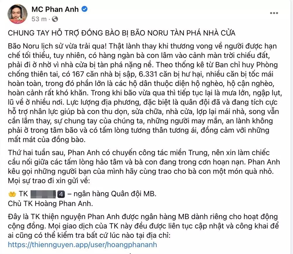 MC Phan Anh kêu gọi từ thiện vào tài khoản cá nhân, CĐM lo ngại đi vào 'vết xe đổ' năm xưa