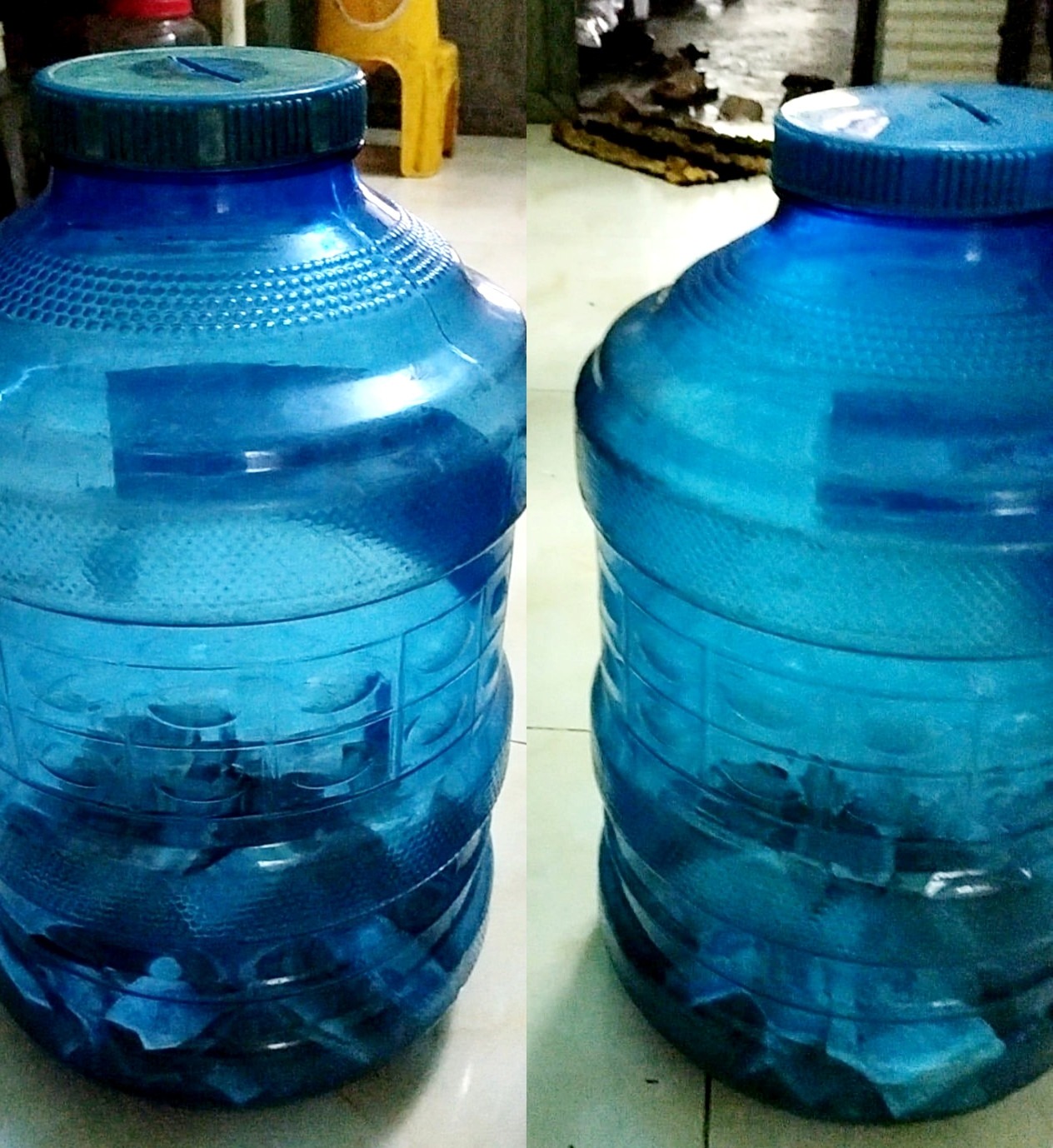 Nhi và Duy dự định tiếp tục bỏ tiền lẻ vào hai thùng nước mà trước đó hai em đã để dành với ý định mua laptop cho Nhi. Ảnh: NVCC/báo VietNamNet