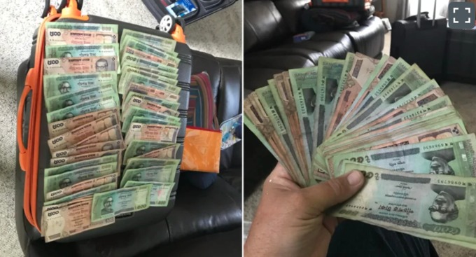 Số tiền mặt còn mới trị giá hơn 20.000 Taka Bangladesh được đặt ở túi zip nằm bên trong lớp lót của chiếc vali cũ (Ảnh: Nzherald).