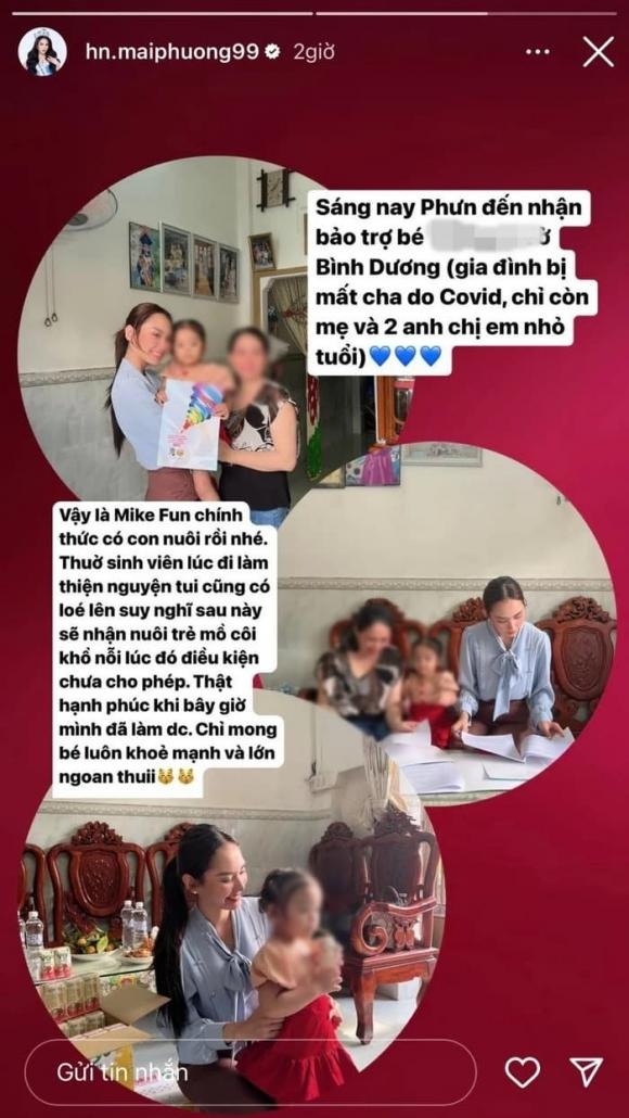 Hoa hậu Mai Phương bất ngờ báo tin lên chức 'mẹ' khi nhận con nuôi. Ảnh: FBNV Hoa hậu Mai Phương bất ngờ báo tin lên chức 'mẹ' khi nhận con nuôi. Ảnh: FBNV