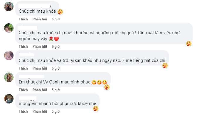 Người hâm mộ lo lắng và gửi lời chúc đến Vy Oanh. Ảnh: FBNV Người hâm mộ lo lắng và gửi lời chúc đến Vy Oanh. Ảnh: FBNV