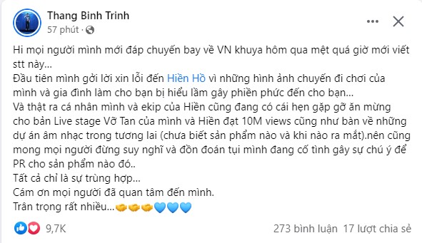 Bài đăng mới đây của Trịnh Thăng Bình. Ảnh: Chụp màn hình Bài đăng mới đây của Trịnh Thăng Bình. Ảnh: Chụp màn hình