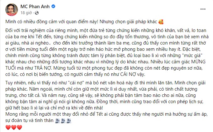 Chia sẻ của MC Phan Anh về lì xì tiếp tục khiến dư luận xôn xao. Ảnh: Internet Chia sẻ của MC Phan Anh về lì xì tiếp tục khiến dư luận xôn xao. Ảnh: Internet