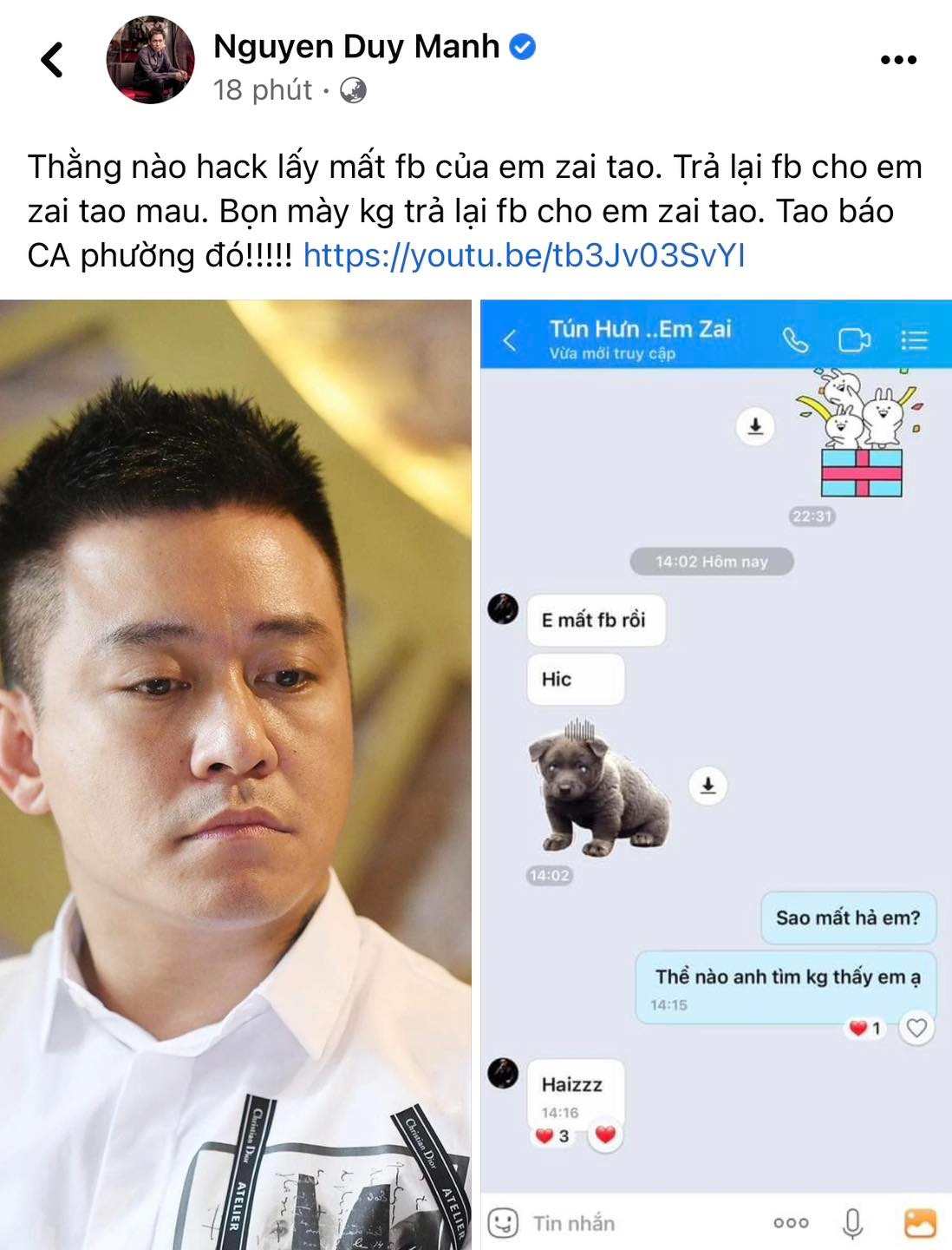 Duy Mạnh cho biết Tuấn Hưng bị mất facebook cá nhân. Ảnh: FBNV