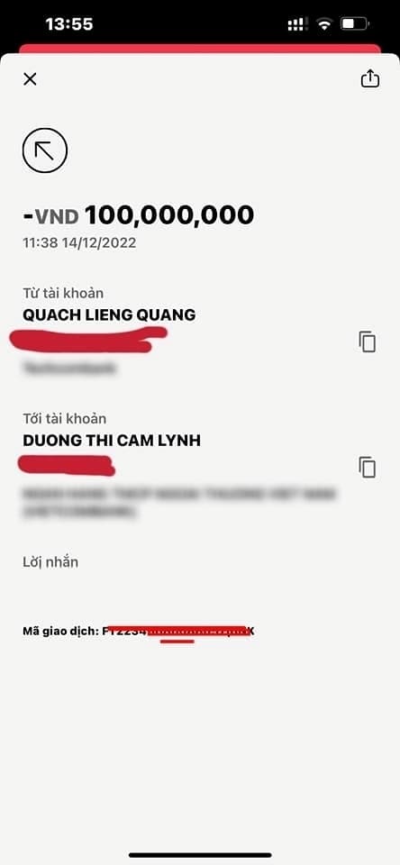 Dương Cẩm Lynh cho biết chưa nhận được số tiền 100 triệu đồng từ Liêng Kiếng Quang. Ảnh: FBNV Dương Cẩm Lynh cho biết chưa nhận được số tiền 100 triệu đồng từ Liêng Kiếng Quang. Ảnh: FBNV