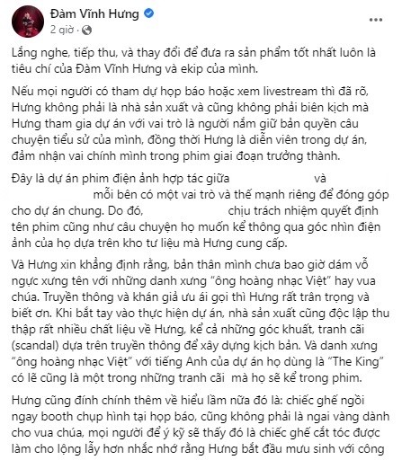 Bài đăng mới đây của Đàm Vĩnh Hưng. Ảnh: FBNV
