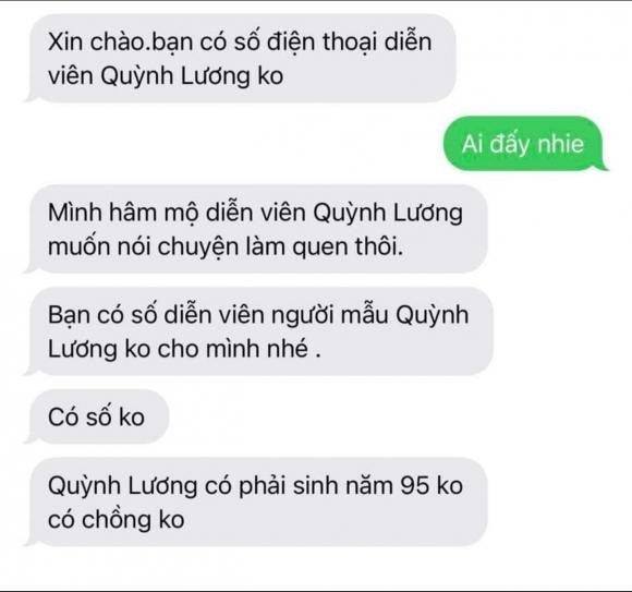 Quỳnh Lương hé lộ 1 đoạn tin nhắn mà người lạ mặt này đã gửi cho mình. Ảnh: FBNV Quỳnh Lương hé lộ 1 đoạn tin nhắn mà người lạ mặt này đã gửi cho mình. Ảnh: FBNV