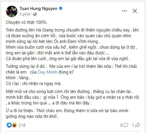 Chia sẻ của Tuấn Hưng về câu chuyệ 'dở khóc dở cười'. Ảnh: FBNV Chia sẻ của Tuấn Hưng về câu chuyệ 'dở khóc dở cười'. Ảnh: FBNV