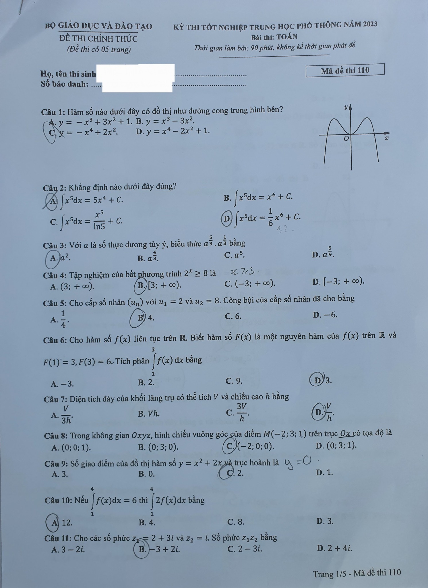 Đáp án đề thi môn Toán mã đề 111 kỳ thi Tốt Nghiệp THPT 2023 - Ảnh 2 Đáp án đề thi môn Toán mã đề 111 kỳ thi Tốt Nghiệp THPT 2023 - Ảnh 2