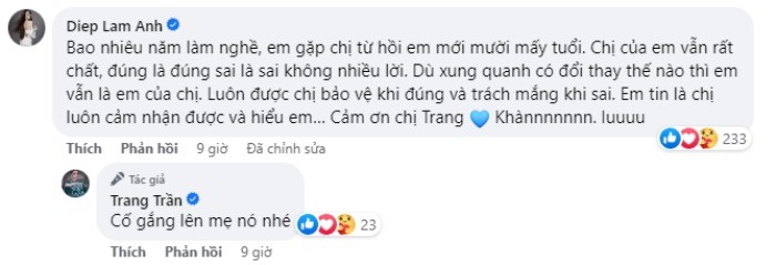 Diệp Lâm Anh đáp lại những chia sẻ của Trang Trần. Ảnh: FBNV Diệp Lâm Anh đáp lại những chia sẻ của Trang Trần. Ảnh: FBNV