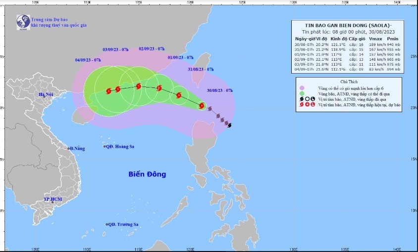 Dự báo đường đi của Bão Sao La. Ảnh: Trung tâm dự báo khí tượng thủy văn quốc gia Dự báo đường đi của Bão Sao La. Ảnh: Trung tâm dự báo khí tượng thủy văn quốc gia