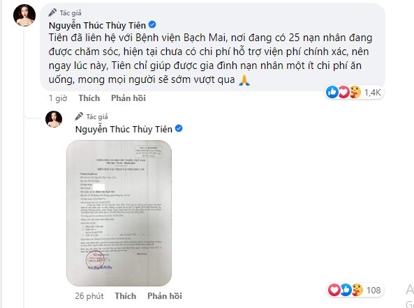 Thùy Tiên sẽ tài trợ chi phí ăn uống cho 25 nạn nhân đang điều trị tại bệnh viện Bạch Mai. Ảnh: FBNV Thùy Tiên sẽ tài trợ chi phí ăn uống cho 25 nạn nhân đang điều trị tại bệnh viện Bạch Mai. Ảnh: FBNV
