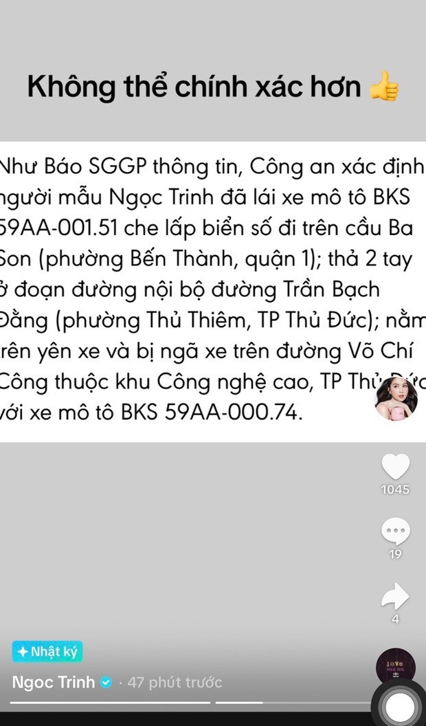 Thái độ của Ngọc Trinh sau khi bị xử phạt vì hành vi lái xe mô tô không an toàn - Ảnh 2 Thái độ của Ngọc Trinh sau khi bị xử phạt vì hành vi lái xe mô tô không an toàn - Ảnh 2
