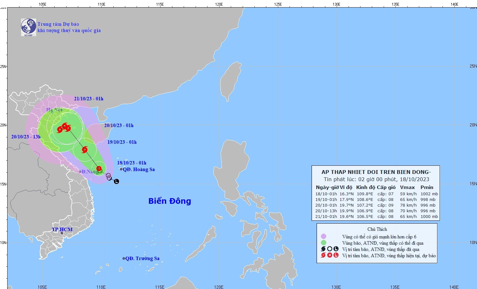 Hướng đi của áp thấp nhiệt đới. Ảnh: Trung tâm dự báo khí tượng thủy văn quốc gia