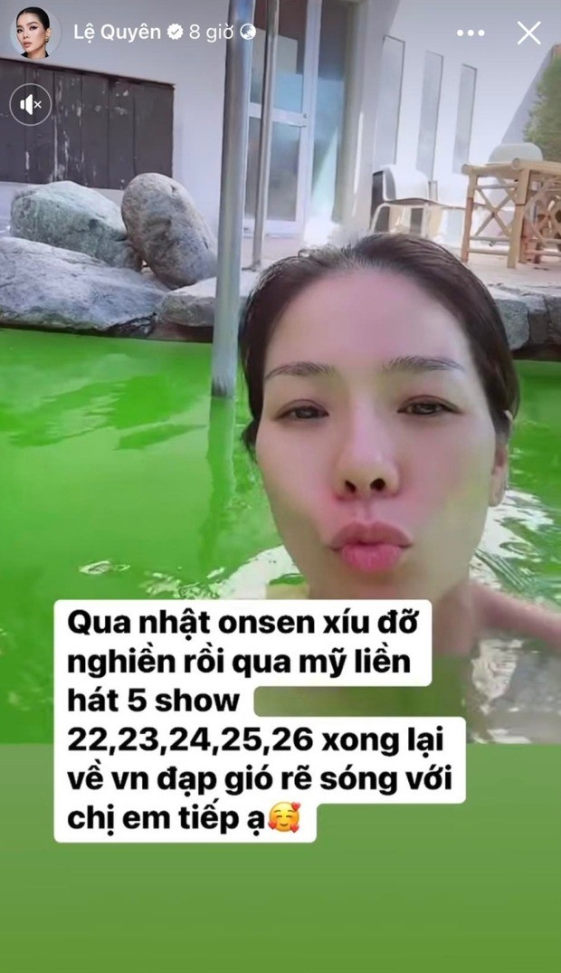 Lệ Quyên nghỉ dưỡng tại Nhật chuẩn bị cho chuyến lưu diễn ở Mỹ sắp tới. Ảnh: FBNV Lệ Quyên nghỉ dưỡng tại Nhật chuẩn bị cho chuyến lưu diễn ở Mỹ sắp tới. Ảnh: FBNV