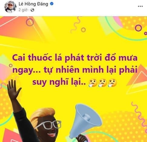 Hồng Đăng đang cố gắng cai thuốc lá. Ảnh: FBNV Hồng Đăng đang cố gắng cai thuốc lá. Ảnh: FBNV