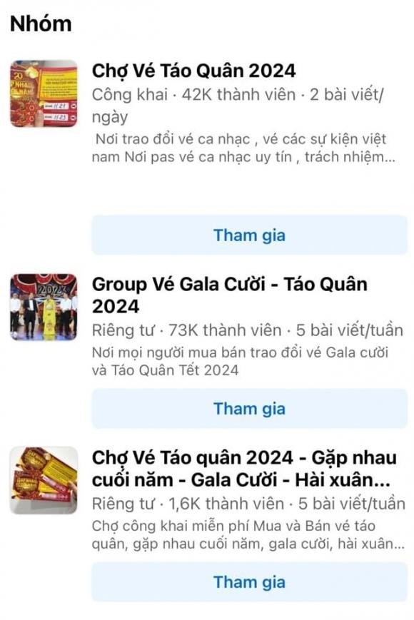 Nhiều hội nhóm bán vé Táo Quân 2024 mọc lên. Ảnh: Chụp màn hình Nhiều hội nhóm bán vé Táo Quân 2024 mọc lên. Ảnh: Chụp màn hình