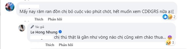 Hồng Nhung trả lời khi người hâm mộ hỏi về nghi vấn cô xin rút khỏi chương trình. Ảnh: FBNV Hồng Nhung trả lời khi người hâm mộ hỏi về nghi vấn cô xin rút khỏi chương trình. Ảnh: FBNV