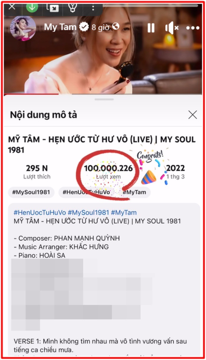 Mỹ Tâm khoe thành tích mới đến người hâm mộ. Ảnh: Internet Mỹ Tâm khoe thành tích mới đến người hâm mộ. Ảnh: Internet