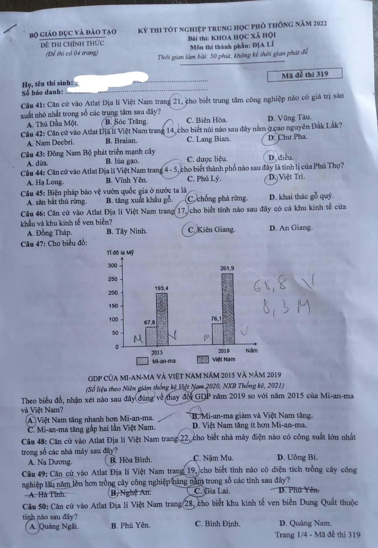 Gợi ý đáp án đề thi môn Địa Lý kỳ thi THPT Quốc Gia 2022 mã đề 319