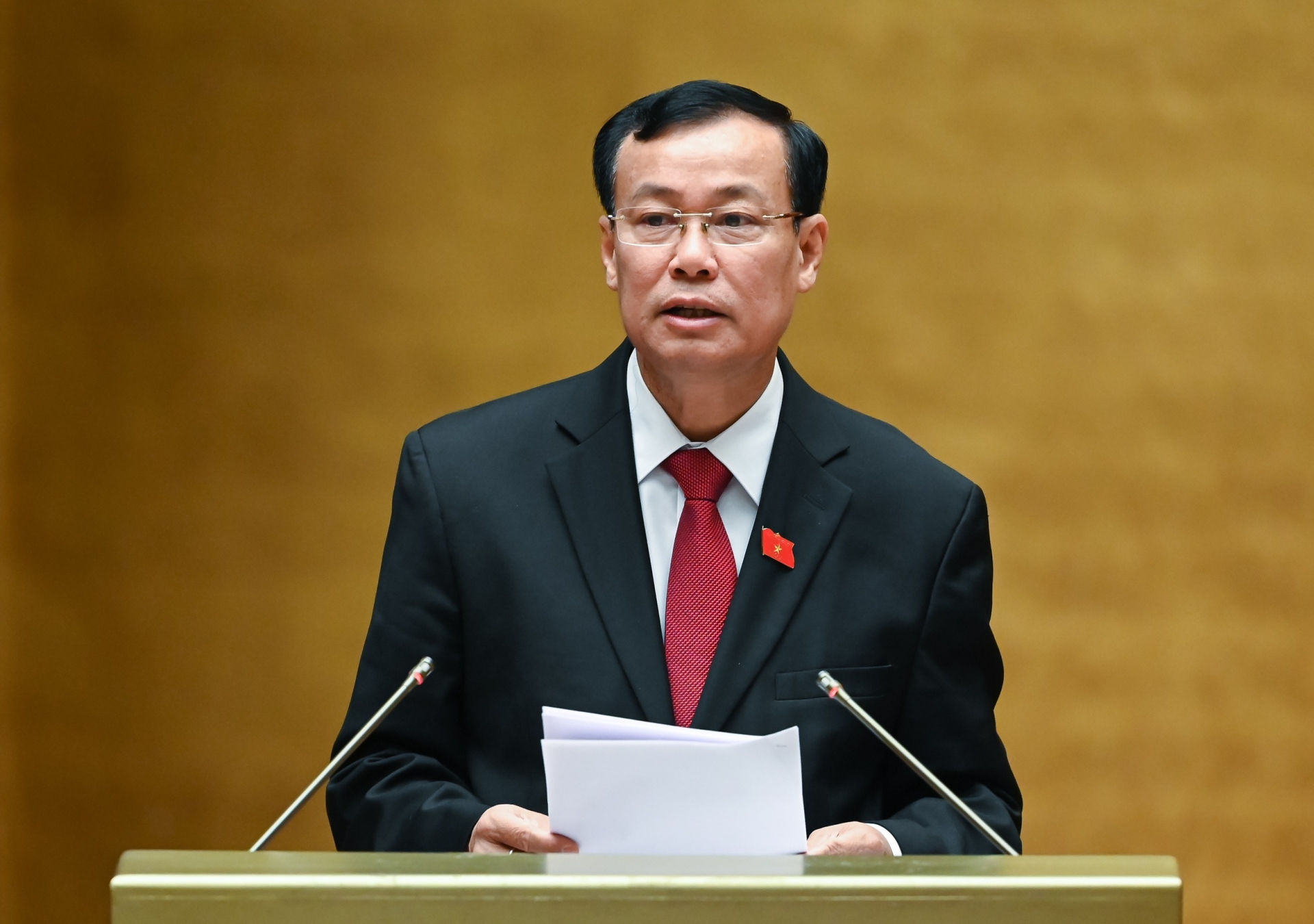 Chủ nhiệm Ủy ban Quốc phòng - An ninh của Quốc hội Lê Tấn Tới trình bày báo cáo thẩm tra.