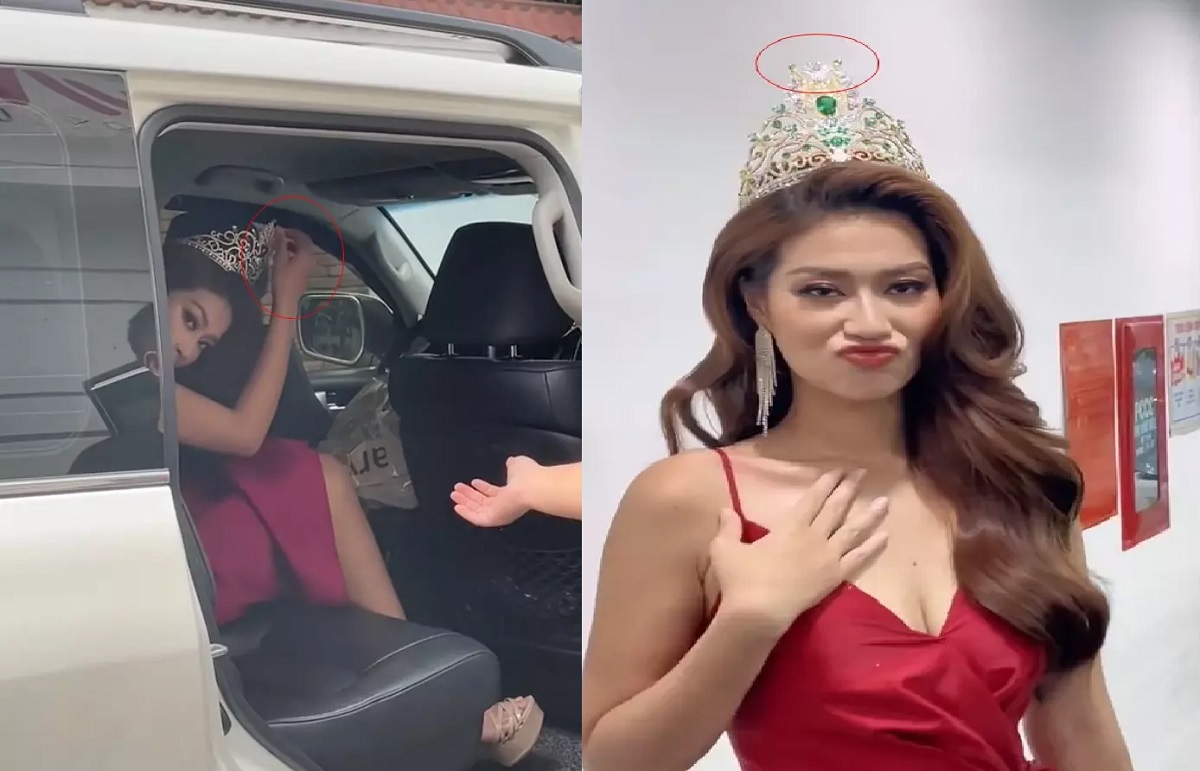 Video: Hoa hậu Thiên Ân loay hoay bảo vệ vương miện gãy khi đi taxi