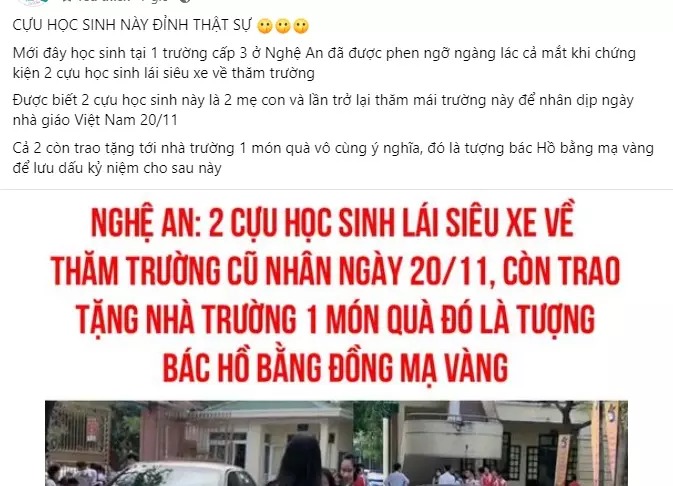 2 cựu học sinh lái siêu xe về trường cũ tặng quà dịp 20/11 khiến hậu bối trầm trồ