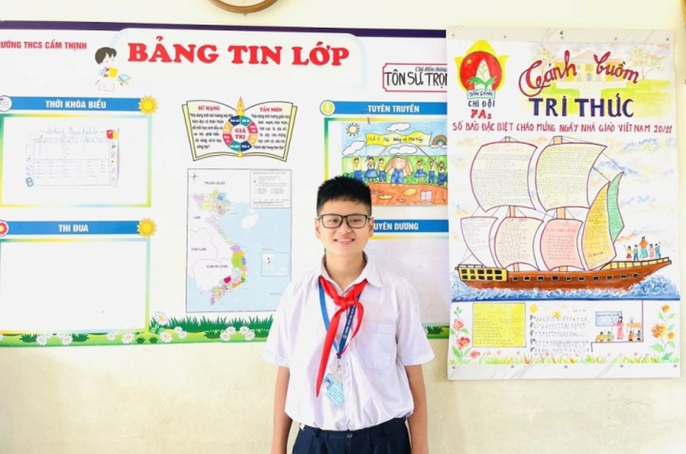 Hoàng Mạnh Chiến (học sinh lớp 7A2, Trường Trung học cơ sở Cẩm Thịnh). Ảnh: FB
