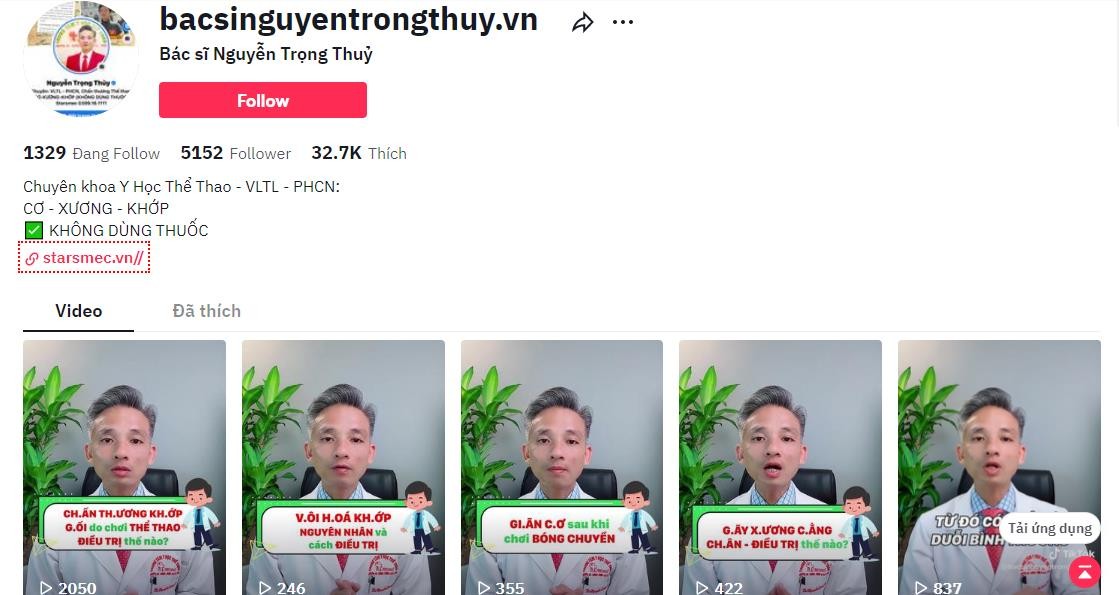 Kênh tiktok bác sĩ Trọng Thủy được các bạn yêu thể thao yêu thích