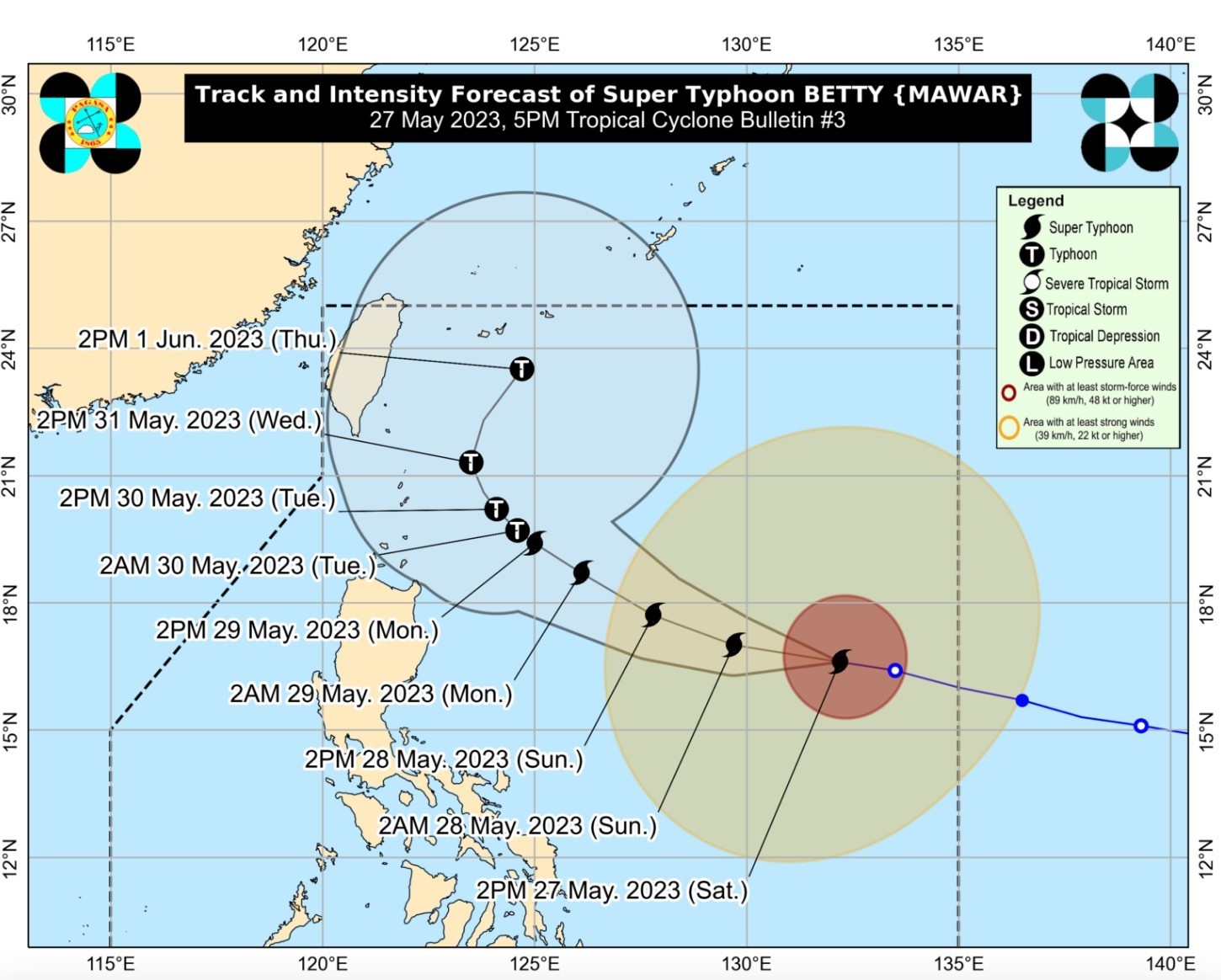 Dự báo đường đi của siêu bão Mawar (Betty theo cách gọi của Philippines) từ ngày 27.5 đến 1/6. Ảnh: PASAGA