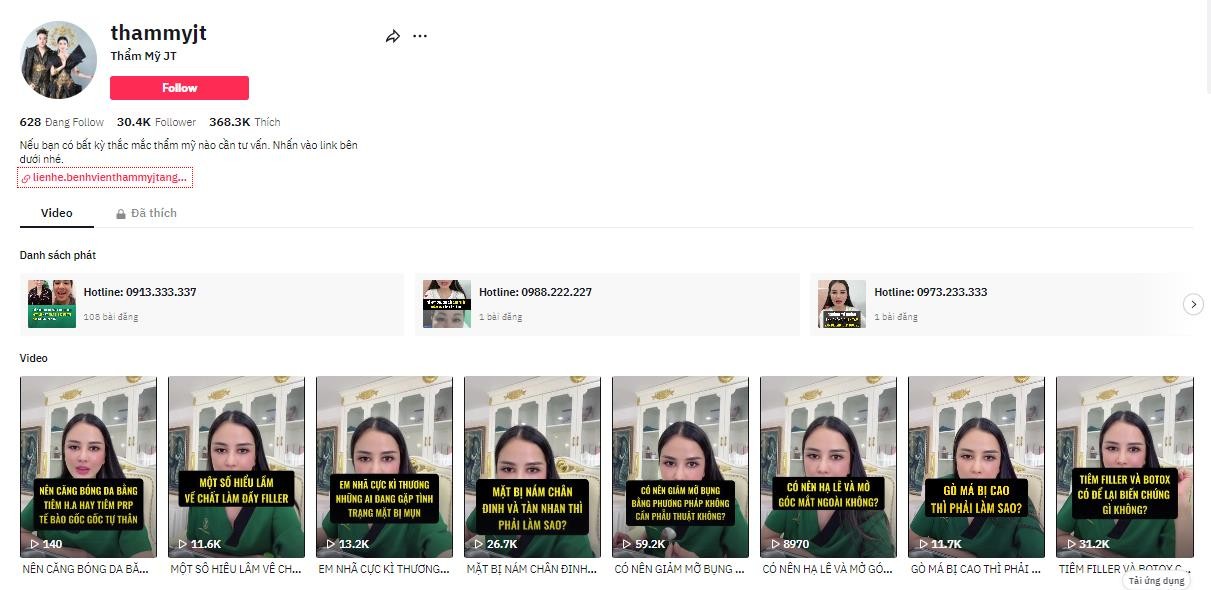 Kênh Tiktok Thẩm Mỹ JT thường xuyên tạo livetream để tư vấn trực tiếp cho khách hàng ở xa