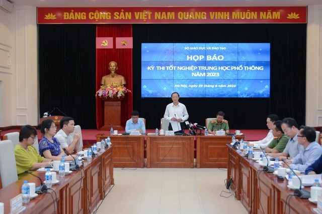 Quang cảnh buổi họp báo về tổ chức coi thi Kỳ thi tốt nghiệp THPT năm 2023. Ảnh: TQ Quang cảnh buổi họp báo về tổ chức coi thi Kỳ thi tốt nghiệp THPT năm 2023. Ảnh: TQ