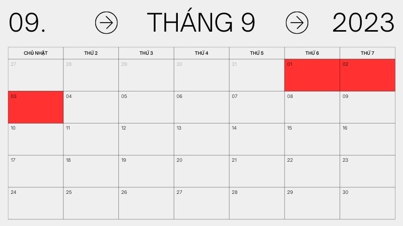Lịch nghỉ lễ 2/9 với người lao động có chế độ nghỉ 1 ngày/tuần. Lịch nghỉ lễ 2/9 với người lao động có chế độ nghỉ 1 ngày/tuần.