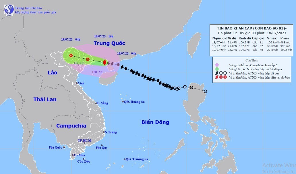 Vị trí và hướng di chuyển tiếp theo của bão số 1 Talim. Ảnh: Trung tâm Dự báo KTTVQG