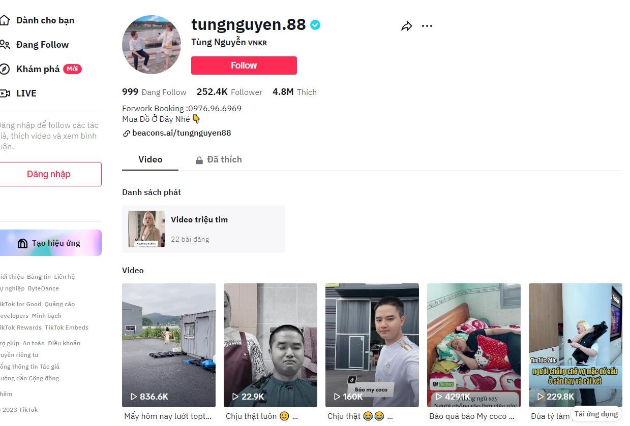 Kênh TikTok Tùng Nguyễn có đến 4.8 triệu lượt thích