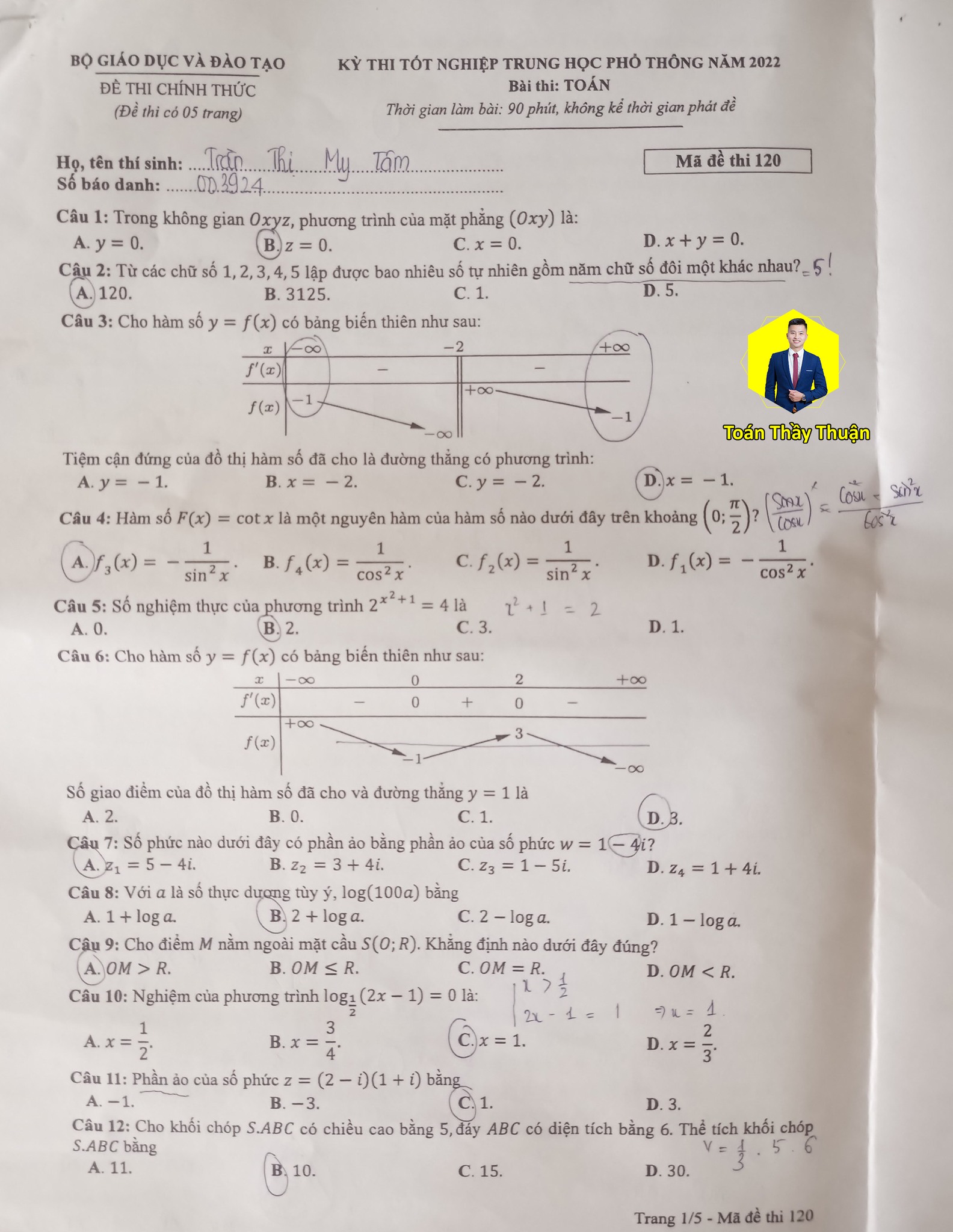 Đáp án đề thi môn Toán mã đề 120 kì thi THPT Quốc gia 2022 nhanh và chính xác nhất  - Ảnh 1