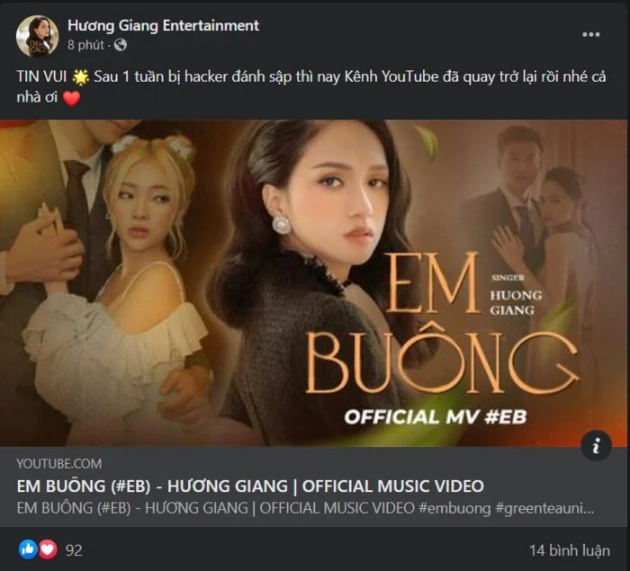 Hương Giang thông báo tin vui là kênh Youtube của mình đã quay trở lại (Ảnh: Internet) Hương Giang thông báo tin vui là kênh Youtube của mình đã quay trở lại (Ảnh: Internet)