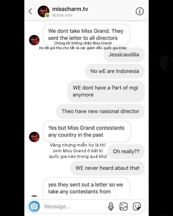 Đoạn tin nhắn cho rằng, Miss Charm không nhận thí sinh từ Miss Grand. (Ảnh: FB TGHH) Đoạn tin nhắn cho rằng, Miss Charm không nhận thí sinh từ Miss Grand. (Ảnh: FB TGHH)