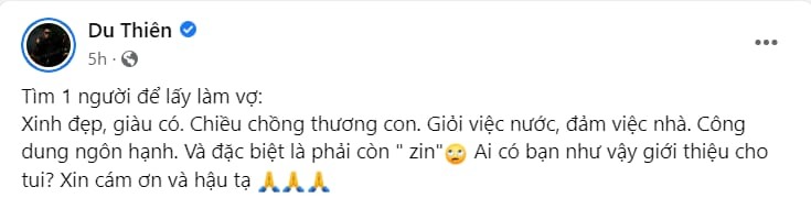Tiêu chí chọn vợ của Du Thiên khiến nhiều người không khỏi bất ngờ và đưa ra những ý kiến trái chiều (Ảnh: Chụp màn hình) Tiêu chí chọn vợ của Du Thiên khiến nhiều người không khỏi bất ngờ và đưa ra những ý kiến trái chiều (Ảnh: Chụp màn hình)