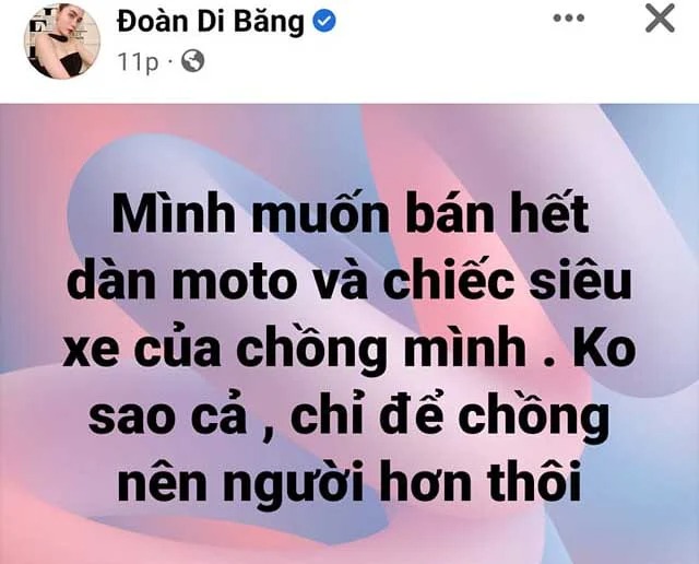 Đoàn Di Băng muốn bán toàn bộ mô tô, siêu xe của chồng để làm từ thiện (Ảnh: Chụp màn hình) Đoàn Di Băng muốn bán toàn bộ mô tô, siêu xe của chồng để làm từ thiện (Ảnh: Chụp màn hình)