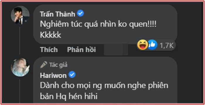 Trấn Thành bình luận phía dưới bài đăng của bà xã (Ảnh: Chụp màn hình) Trấn Thành bình luận phía dưới bài đăng của bà xã (Ảnh: Chụp màn hình)