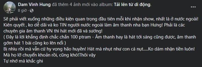 Nguyên văn bài chia sẻ của Đàm Vĩnh Hưng (Ảnh: Chụp màn hình) Nguyên văn bài chia sẻ của Đàm Vĩnh Hưng (Ảnh: Chụp màn hình)