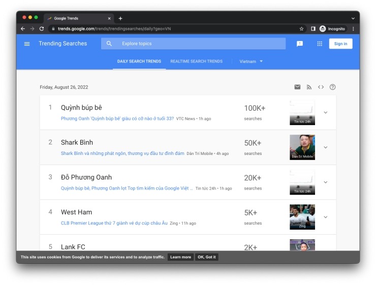 Chuyện tình 'Bình Búp Bê' cũng khiến cho công chúng bàn tán sôi nổi và tìm kiếm nhiều trên Google (Ảnh: Chụp màn hình)
