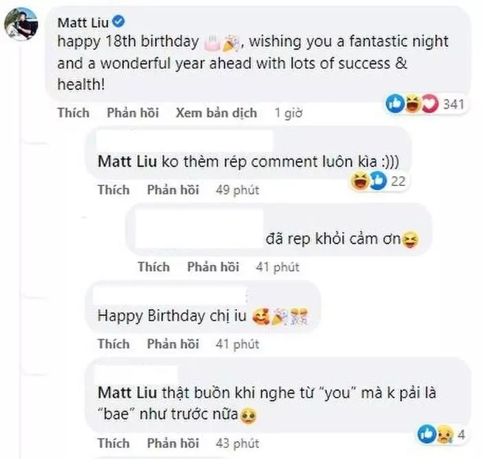 Matt Liu chúc mừng sinh nhật người cũ nhưng sau đó lại âm thầm xóa bình luận. Điều này khiến netizen mỉa mai (Ảnh: Chụp màn hình) Matt Liu chúc mừng sinh nhật người cũ nhưng sau đó lại âm thầm xóa bình luận. Điều này khiến netizen mỉa mai (Ảnh: Chụp màn hình)