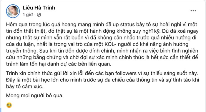 MC Liêu Hà Trinh lên tiếng xin lỗi sau khi lan truyền tin đồn sai sự thật (Ảnh: Chụp màn hình) MC Liêu Hà Trinh lên tiếng xin lỗi sau khi lan truyền tin đồn sai sự thật (Ảnh: Chụp màn hình)