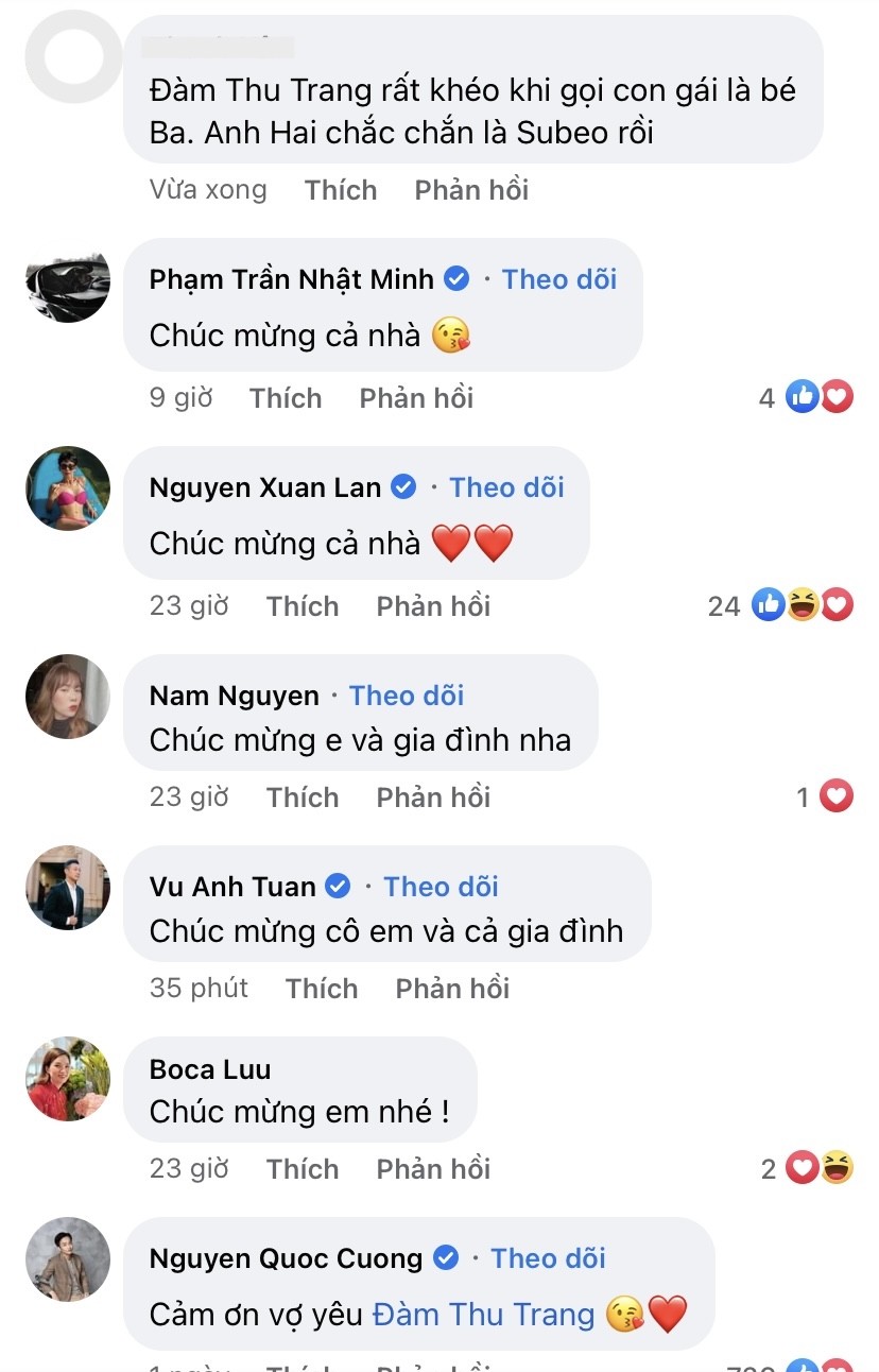 CDM cùng dàn sao Việt chúc mừng vợ chồng Đàm Thu Trang. Trong đó, doanh nhân Cường Đô La đã công khai để lại lời cảm ơn đến nàng người mẫu (Ảnh: Chụp màn hình) CDM cùng dàn sao Việt chúc mừng vợ chồng Đàm Thu Trang. Trong đó, doanh nhân Cường Đô La đã công khai để lại lời cảm ơn đến nàng người mẫu (Ảnh: Chụp màn hình)