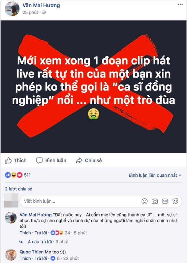 Bài đăng của Văn Mai Hương được Quốc Thiên và nhiều nghệ sĩ đồng quan điểm (Ảnh: Chụp màn hình)